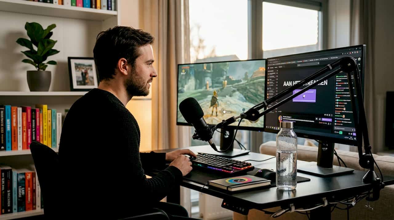 Streamer setup met twee beeldschermen aan de pc
