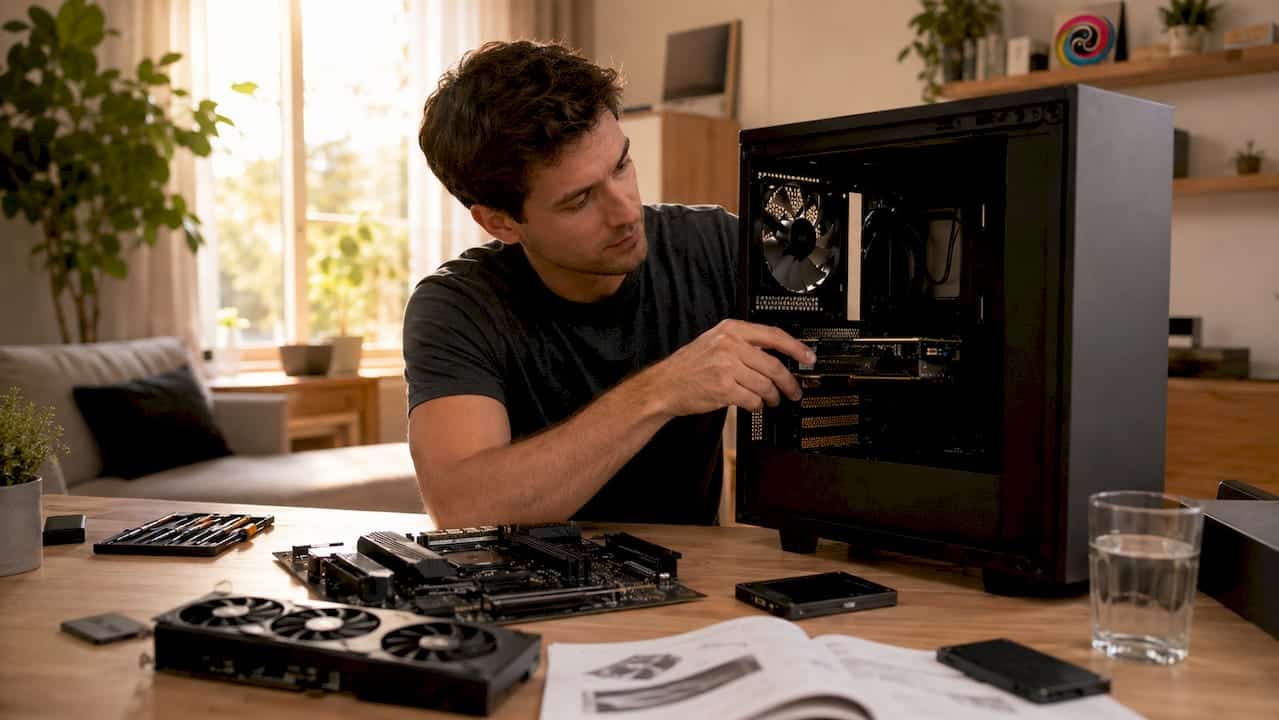 Een man zit thuis achter zijn bureau en is zijn computer aan het upgraden.