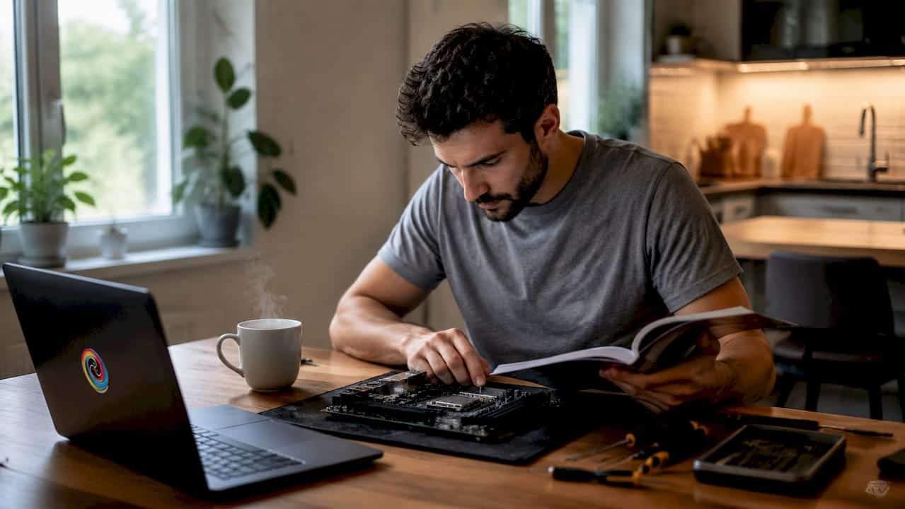 Een systeembeheerder werkt geconcentreerd achter zijn computer in een technische werkomgeving waar alles draait om CPU-prestaties.