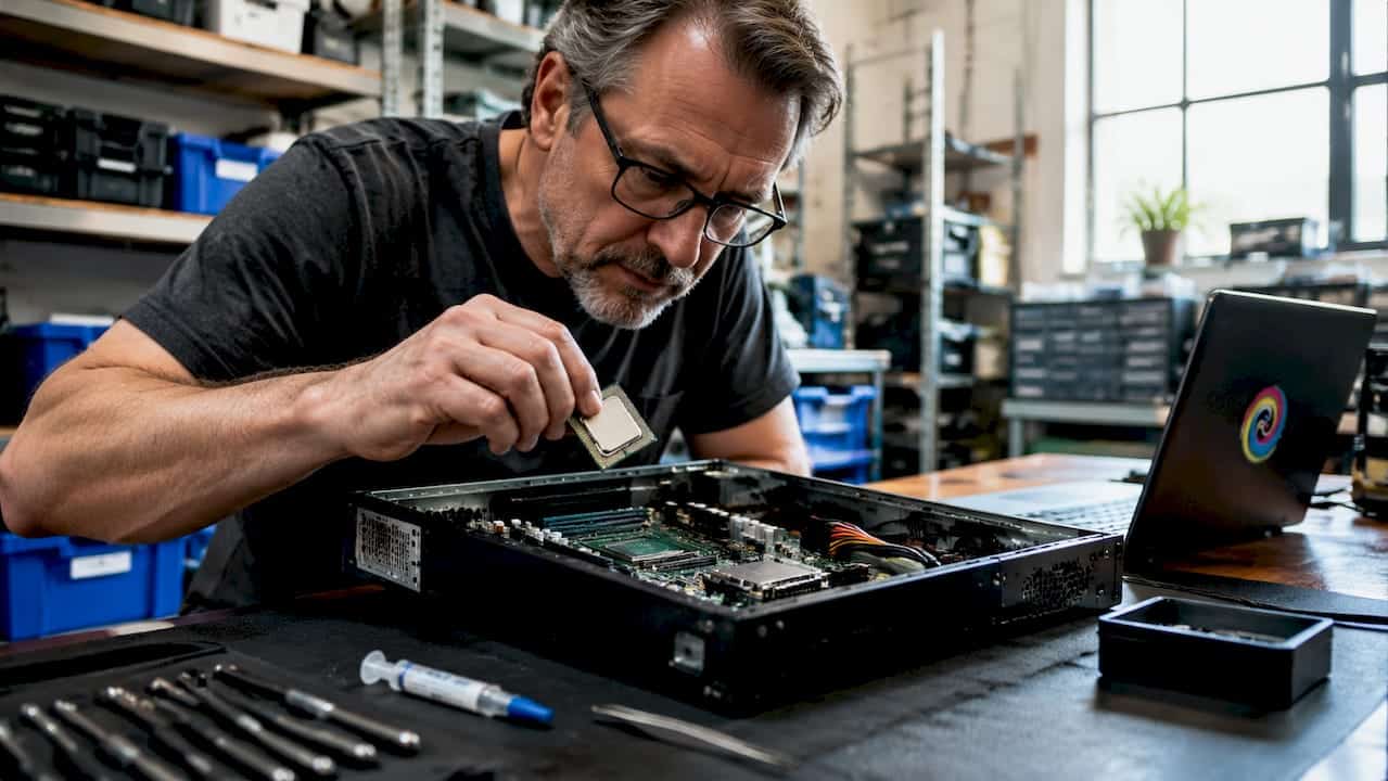 Een monteur laat trots een gloednieuwe processor zien naast een opengeklapte computerkast.