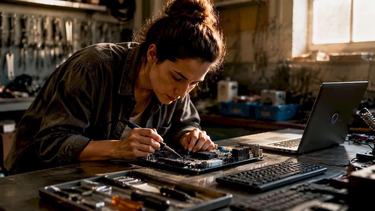 Een vrouw bekijkt aandachtig het moederbord van een computer.