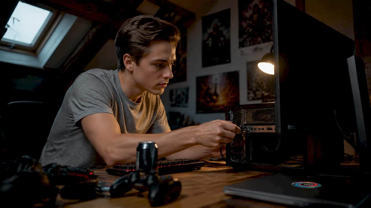 Een gamer sluit een DisplayPort-kabel aan in zijn gamekamer.