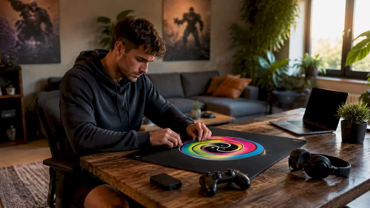 Een gamer zit geconcentreerd achter zijn scherm en stelt de instellingen van zijn monitor precies naar wens af.
