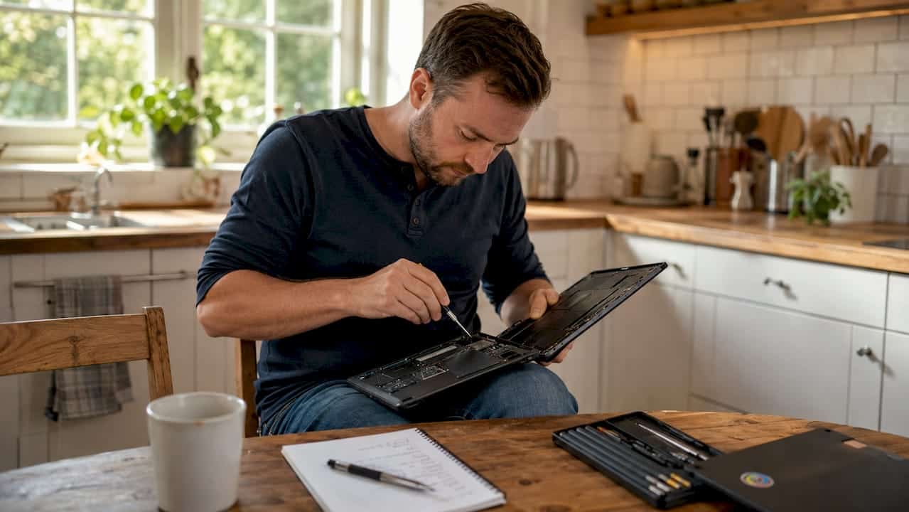 Thuis wisselt een man de harde schijf van zijn laptop om.