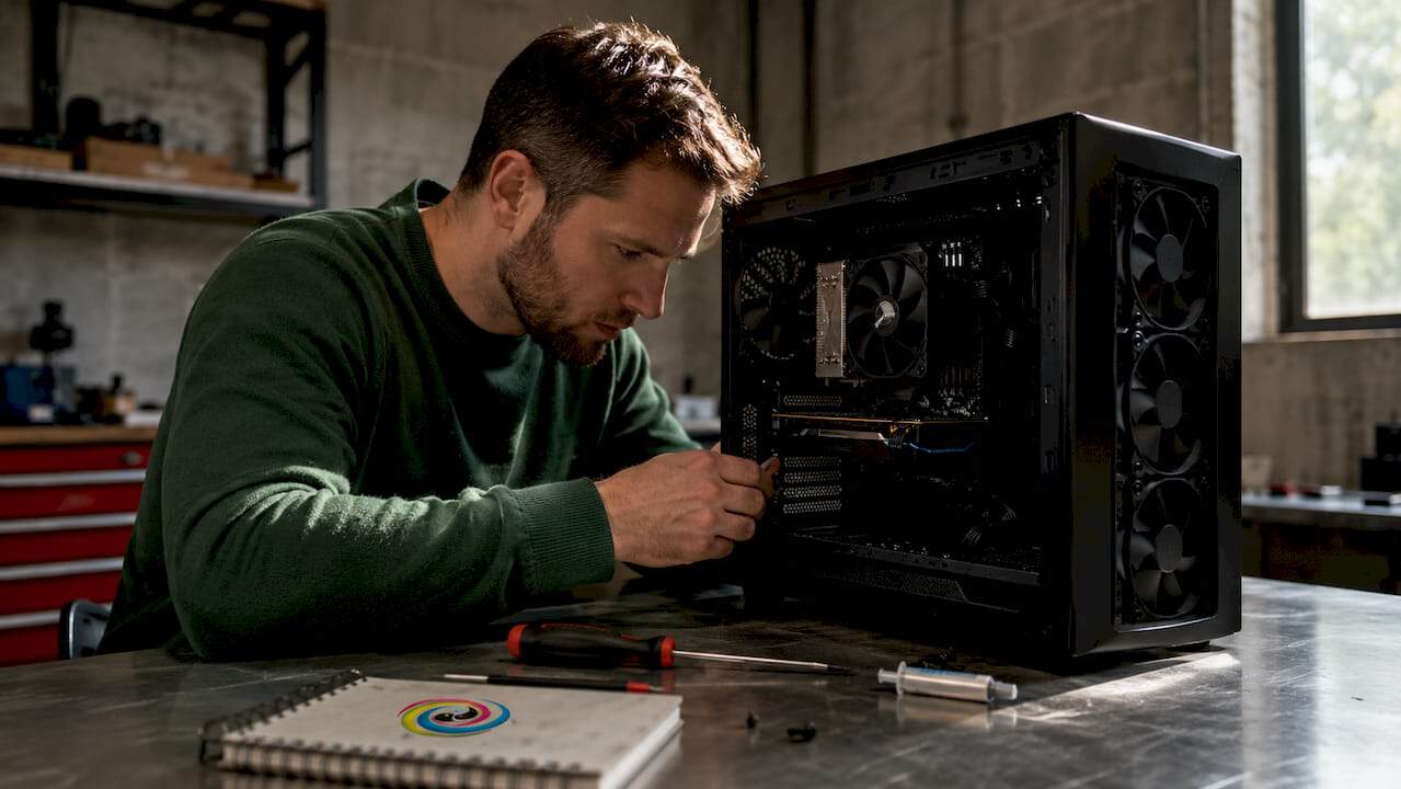 Man bekijkt computer met opvallend koelsysteem