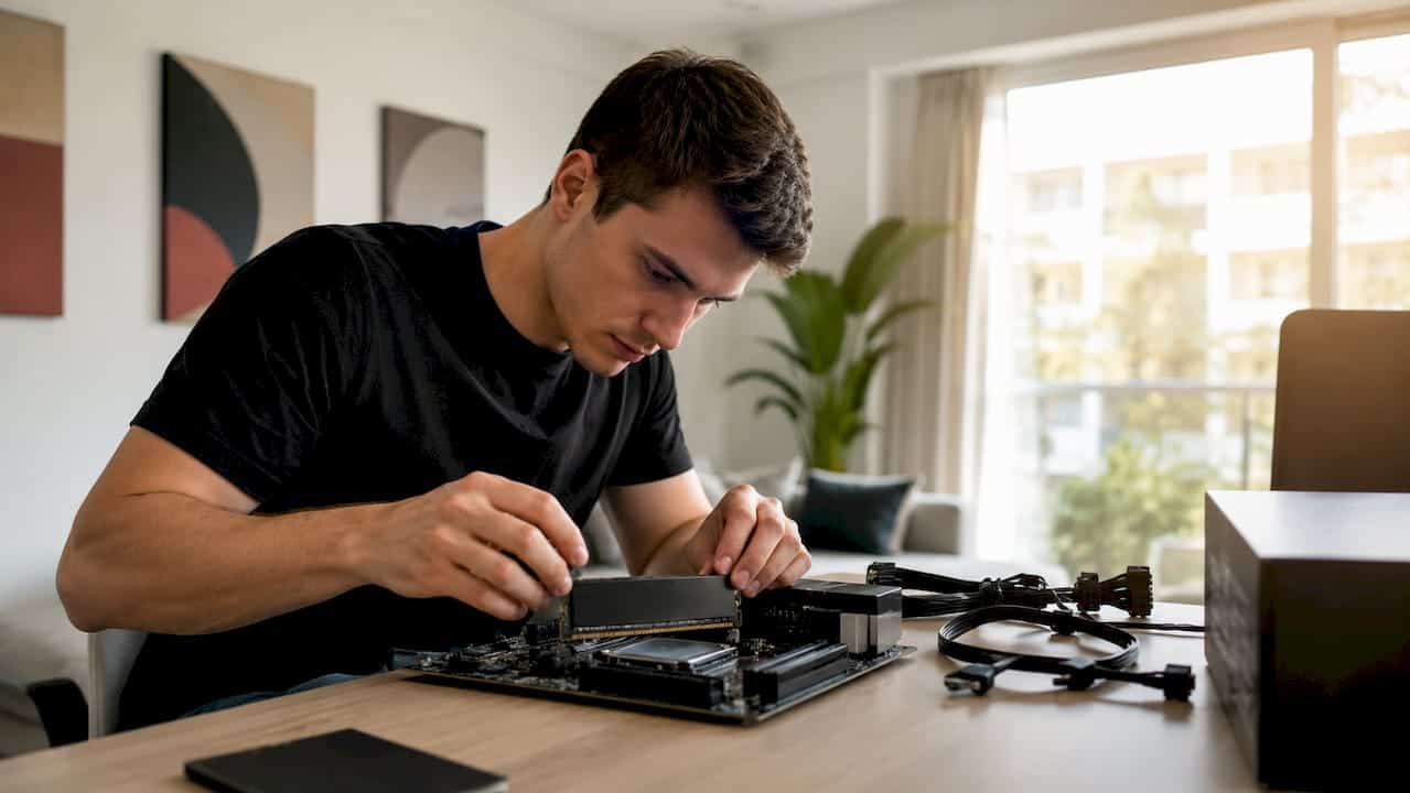 Een man plaatst een DDR5-geheugenmodule in zijn desktopcomputer.