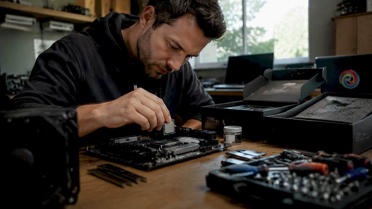 Een man is bezig met het in elkaar zetten van zijn computer en plaatst zorgvuldig de processor op het moederbord.