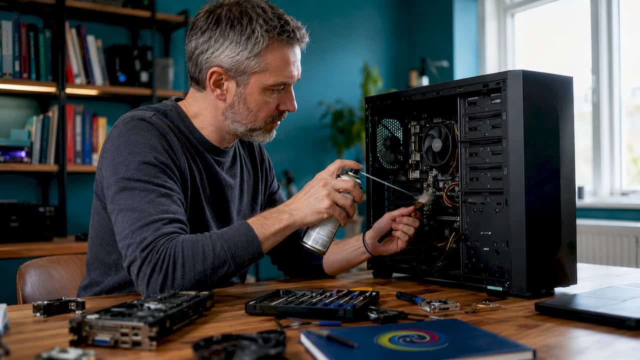 Een man die thuis aan zijn bureau bezig is om zijn computerhardware te verbeteren en optimaal in te stellen.