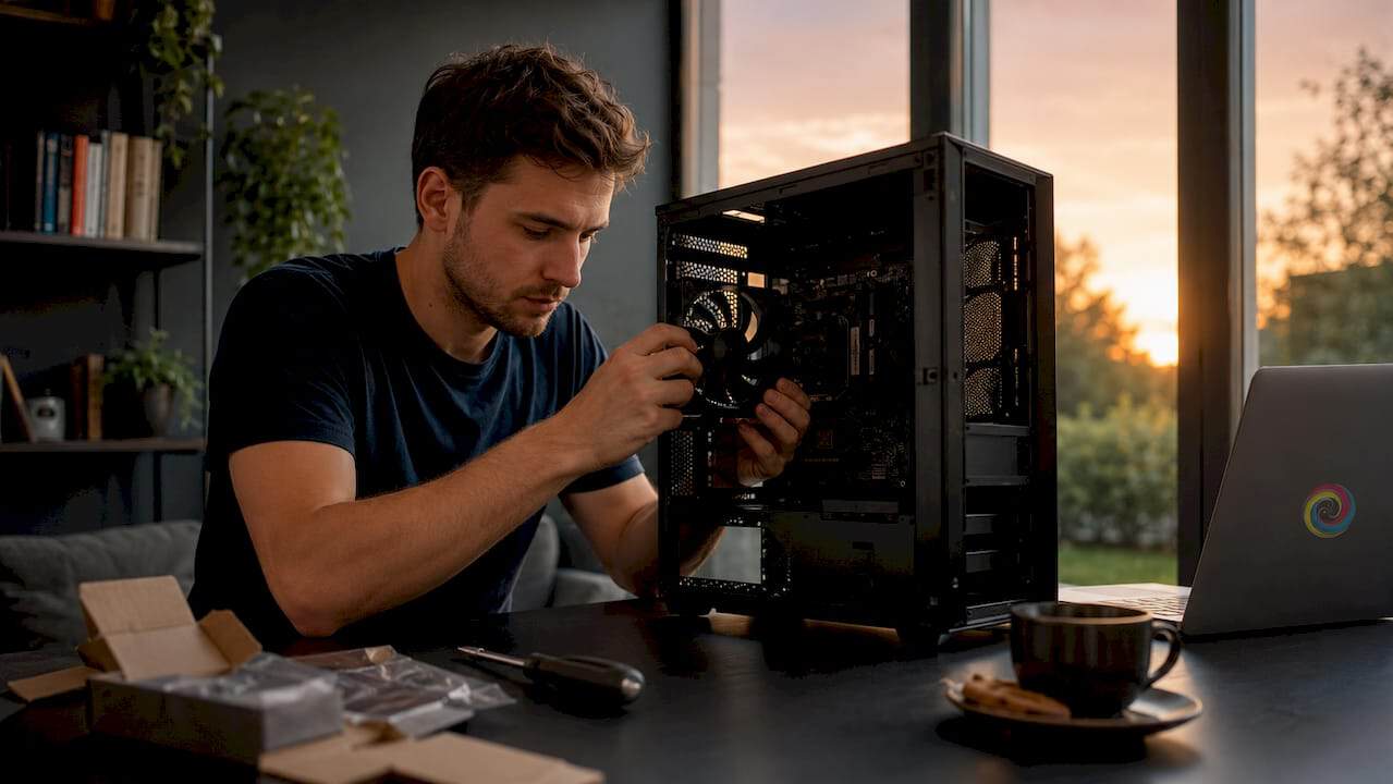 Man plaatst een extra ventilator in zijn computerkast