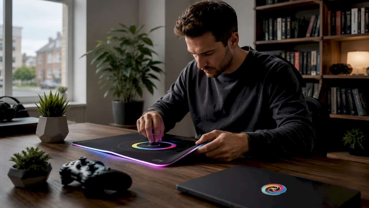 Een gamer zit aan zijn bureau en stelt de instellingen van zijn gamingmuis zorgvuldig af.
