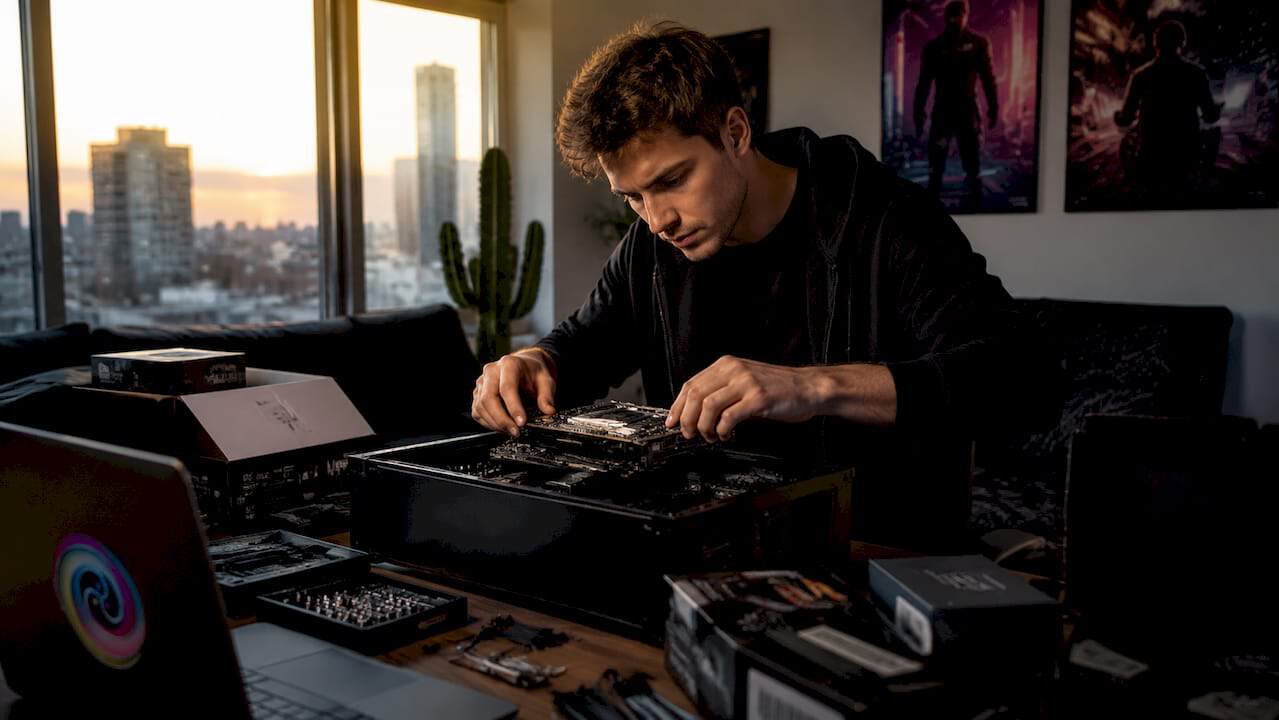 Een man die thuis zijn eigen game-pc in elkaar zet.