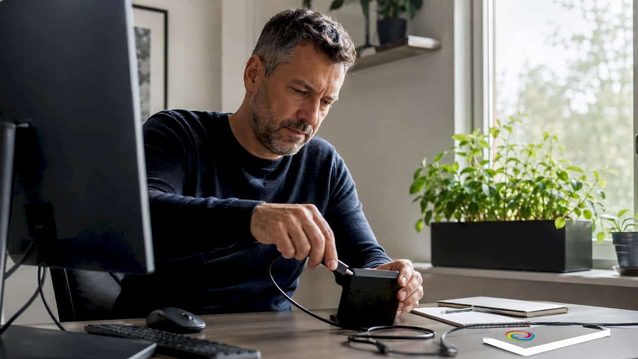 Man koppelt externe SSD aan zijn desktop