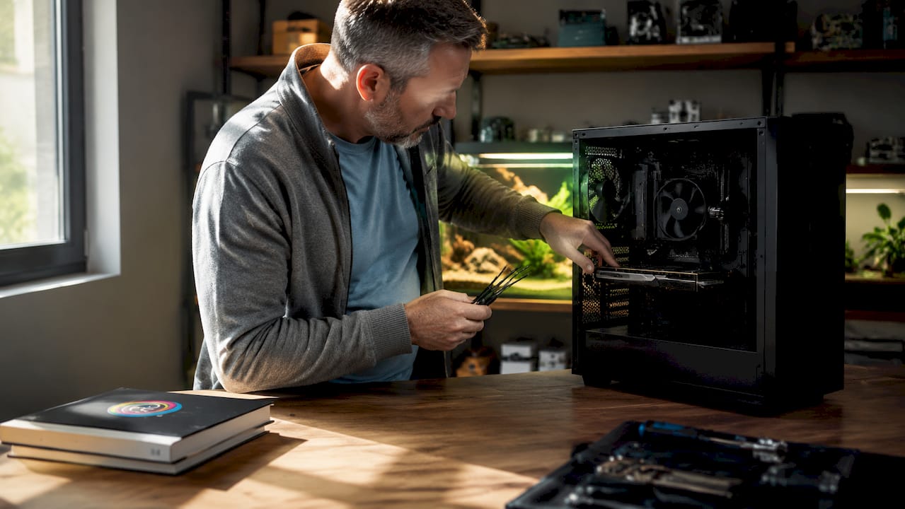 Een technicus is bezig de nieuwste GPU-drivers te installeren op een desktopcomputer.
