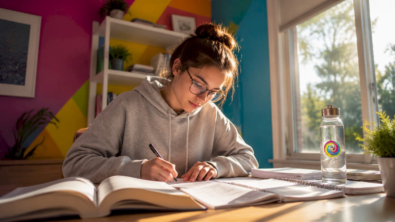 De student is verdiept in zijn studiewerk en werkt met volle aandacht.