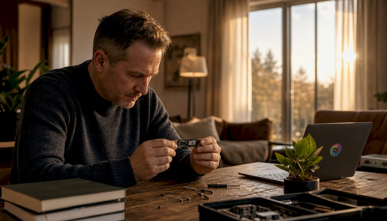 Man bekijkt een M.2 SSD als onderdeel van een computerupgrade