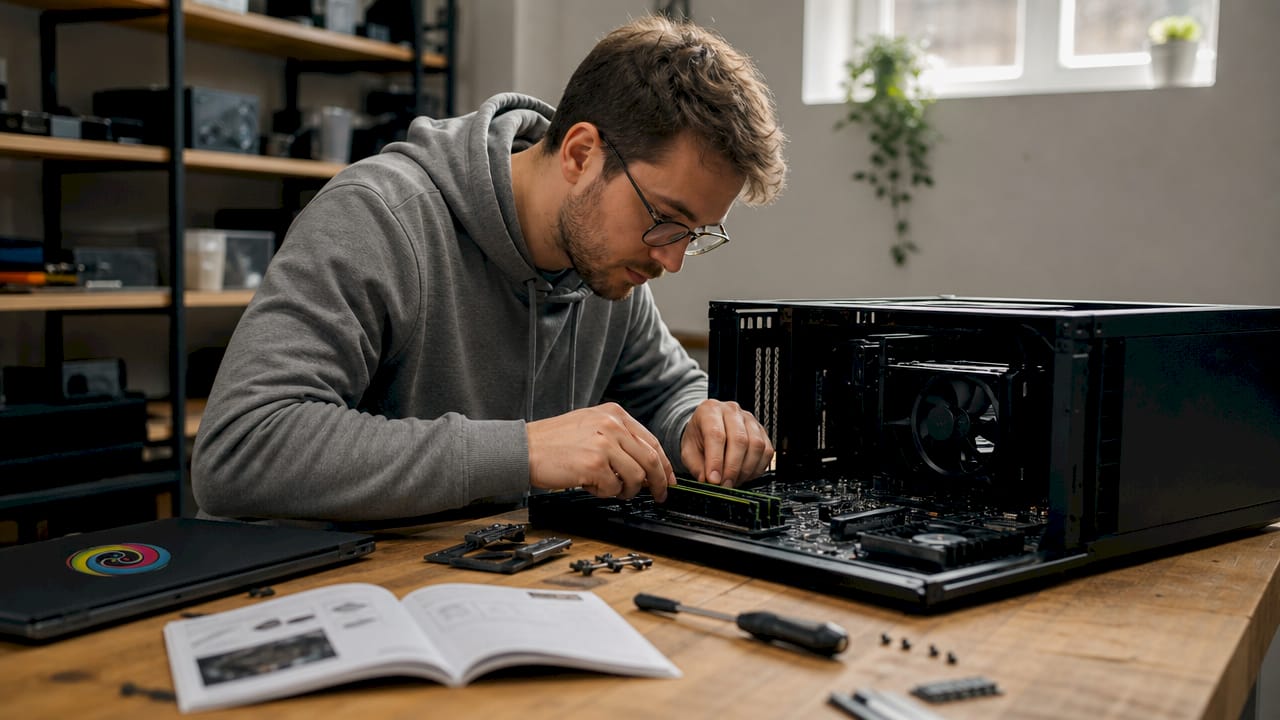 Een monteur plaatst twee RAM-geheugenmodules in een computer voor optimale prestaties.