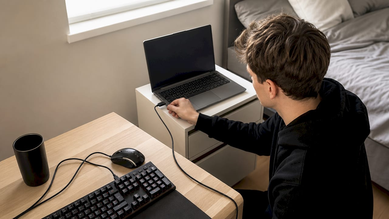 Een man verbindt een gaming toetsenbord met zijn computer.