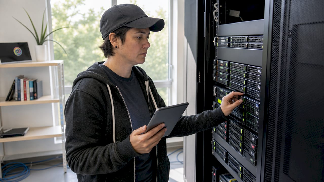 Een IT-specialist controleert het RAID-opslagsysteem in het serverrek.