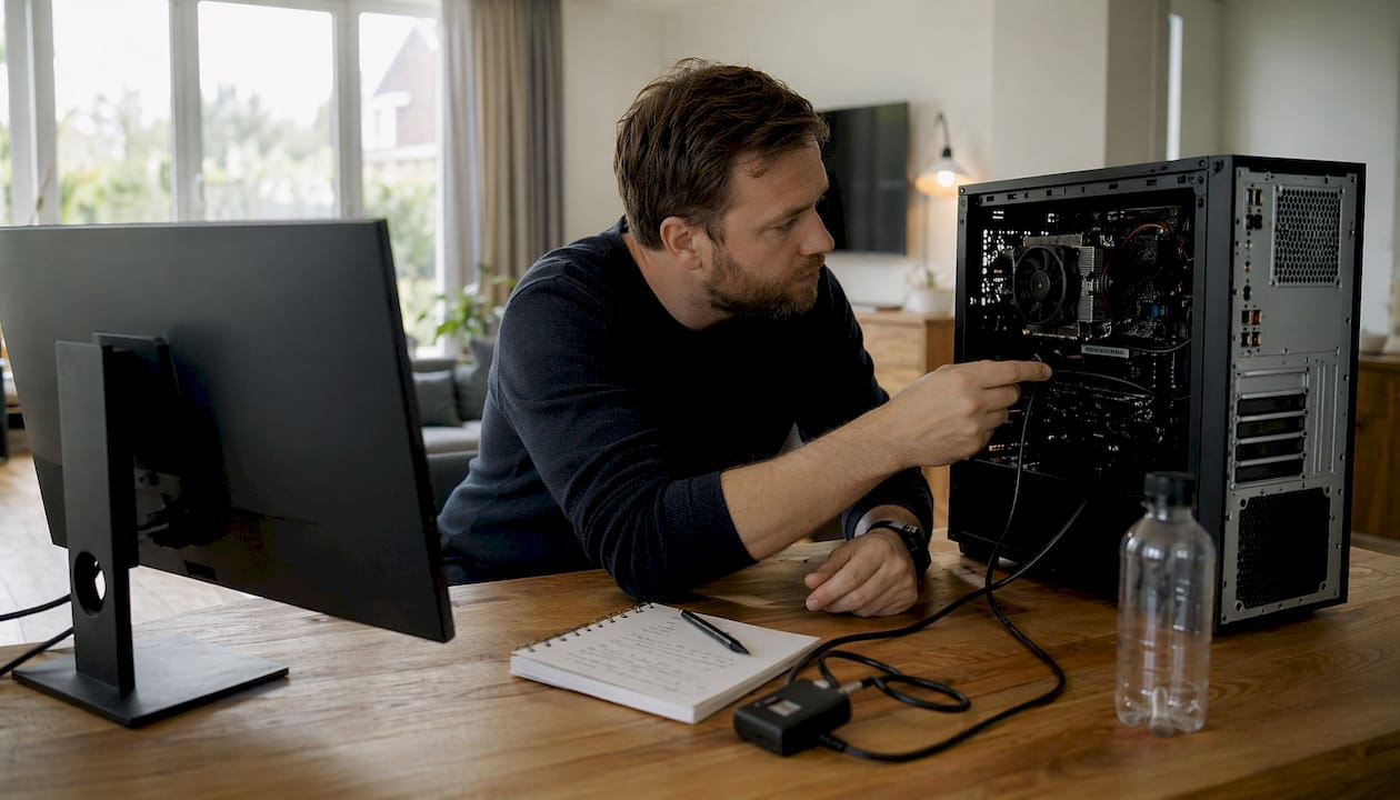 Een technicus controleert de hardware van een computer om de prestaties te beoordelen.