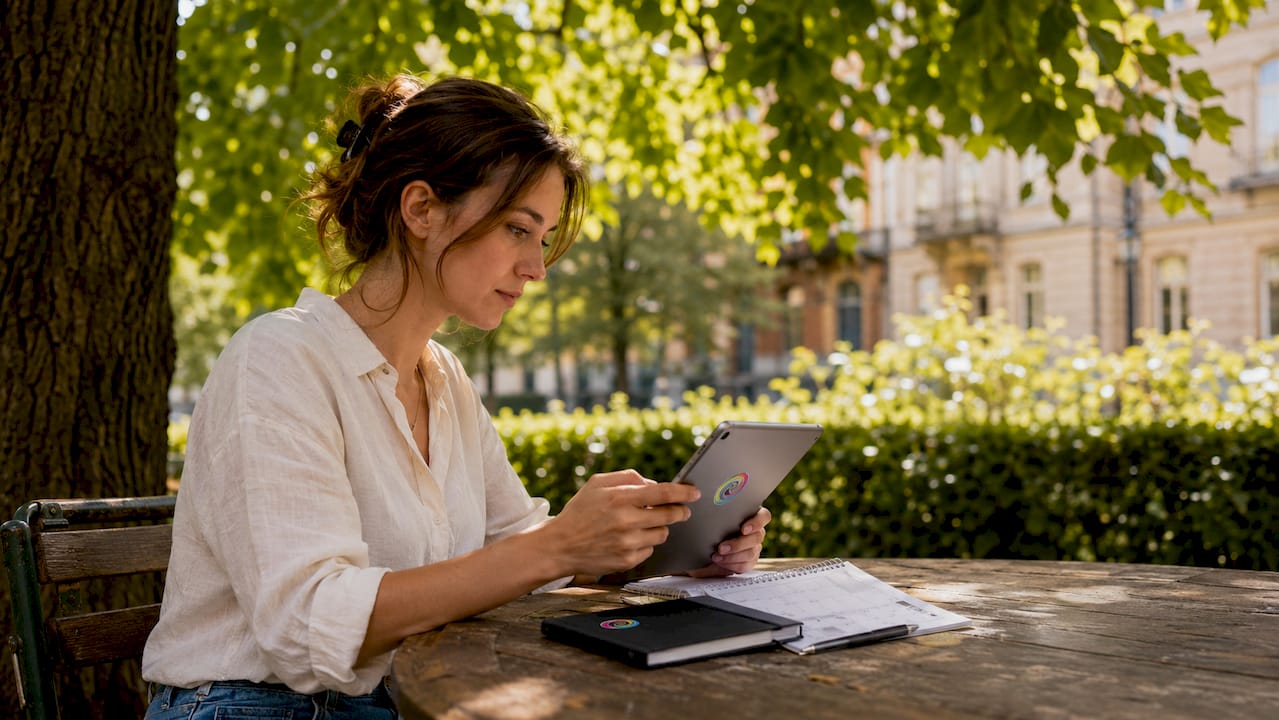 Een professional die op een tablet bedrijvengidsen doorspit op zoek naar relevante contacten en zakelijke mogelijkheden.