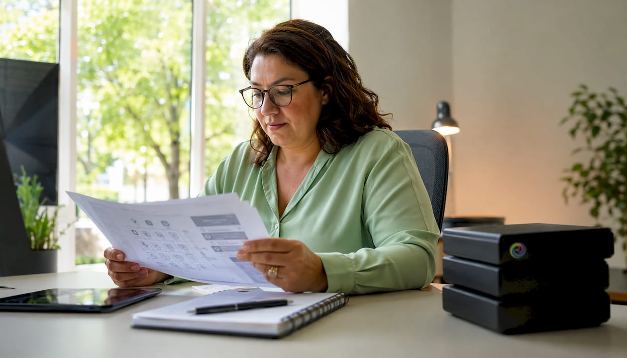 Een vrouw bekijkt in haar kantoor de documenten met betrekking tot het back-upbeleid.