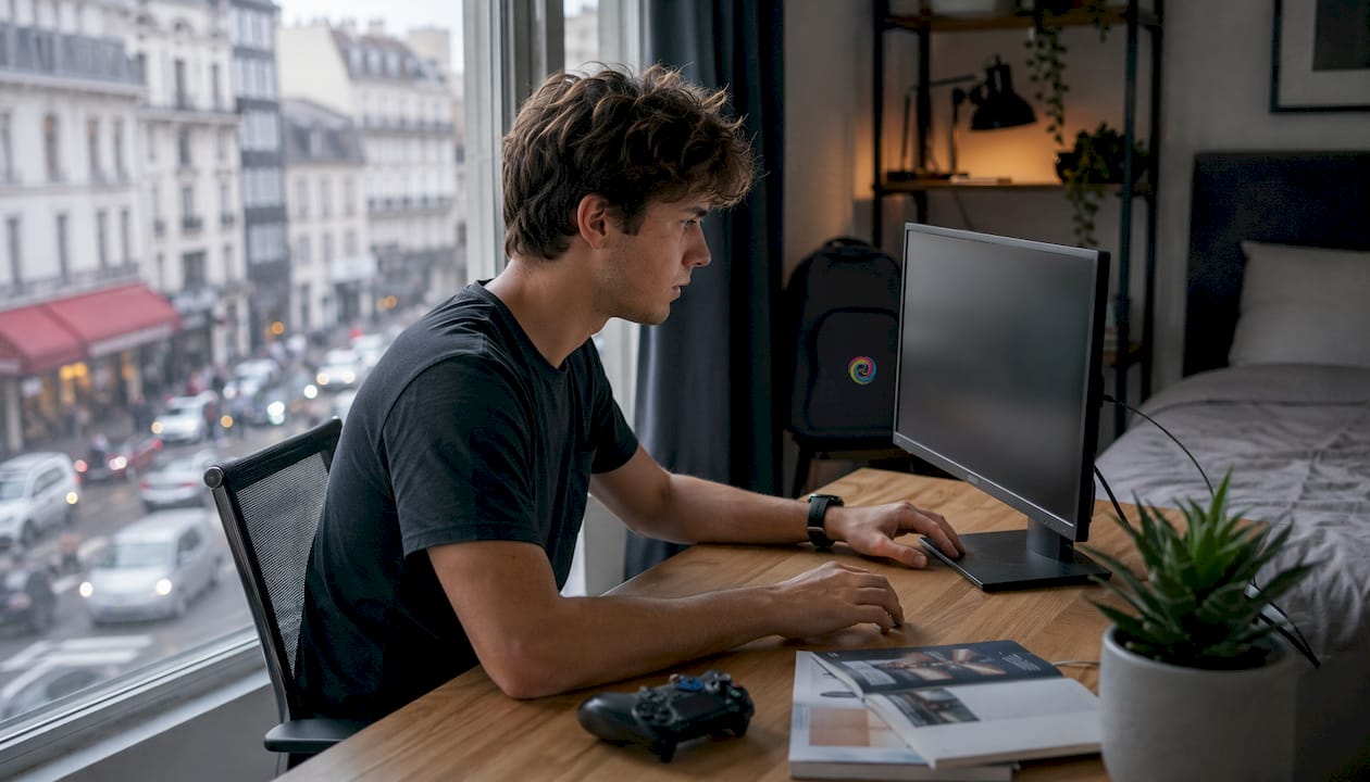 Een gamer die zijn dubbele monitoren aan het instellen is