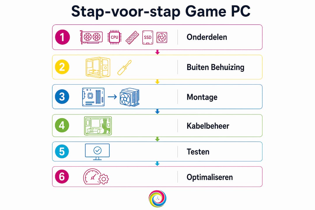 Overzichtelijke infographic met de stappen voor het samenstellen van een game-pc
