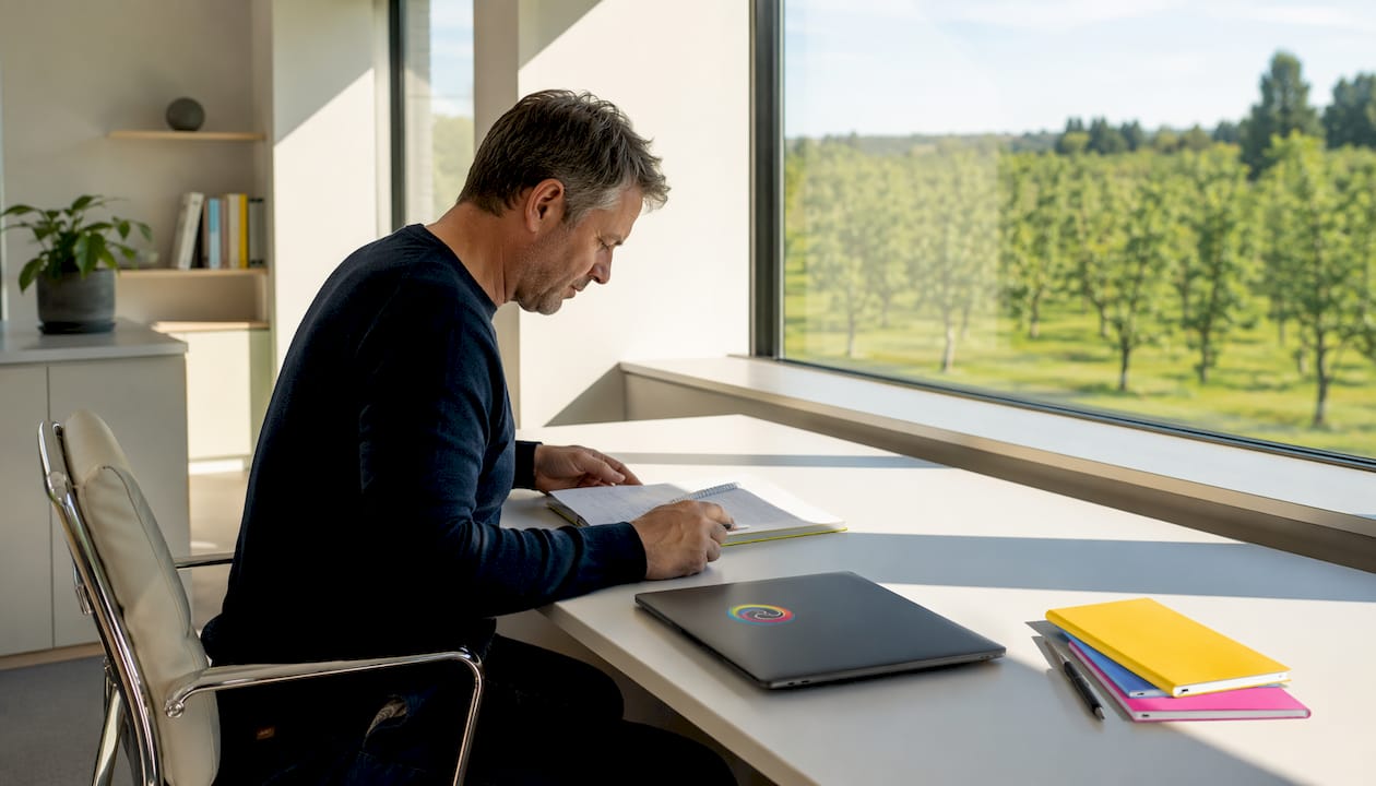 Man verdiept zich in folder en laptop om de beste keuze te maken voor een op maat gemaakte pc.