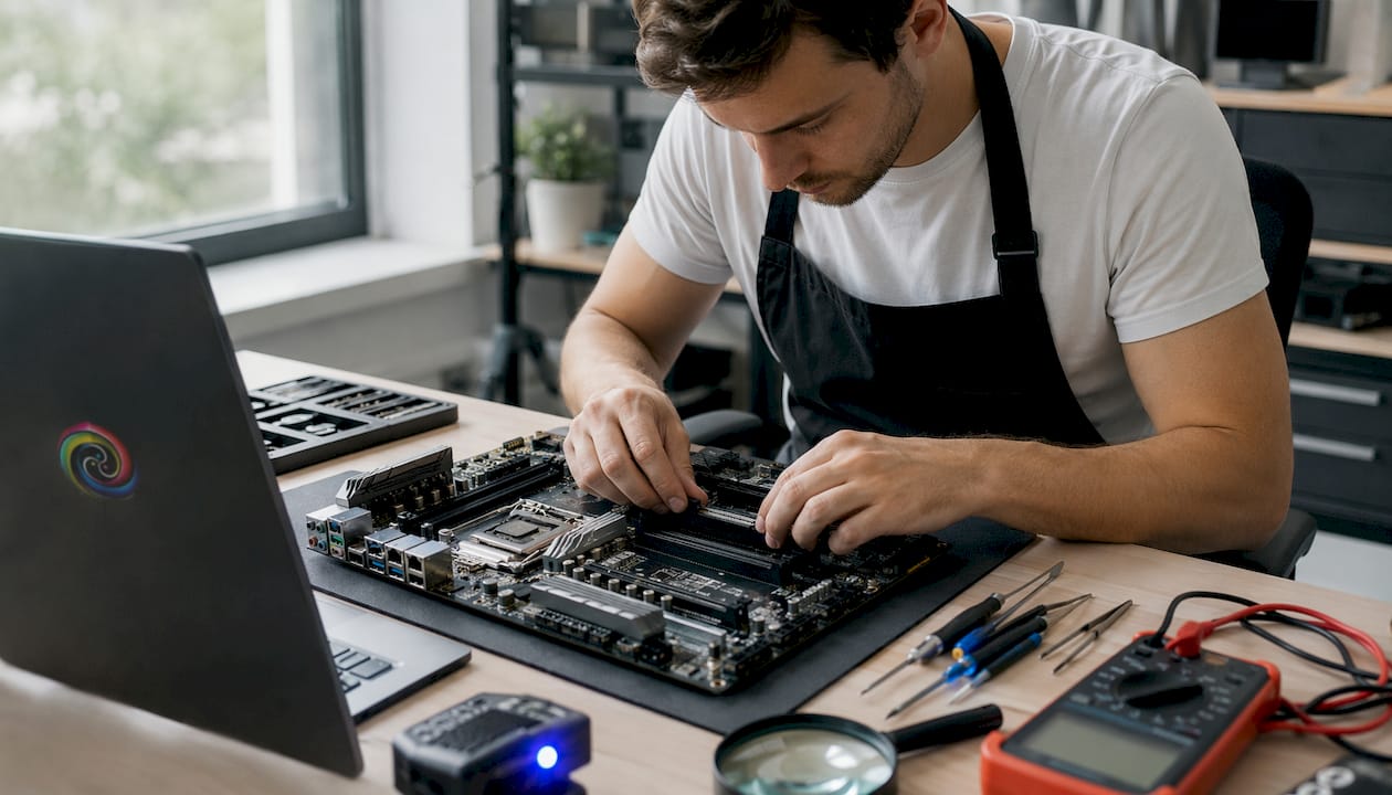 Een technicus plaatst een PCIe 4.0 SSD op het moederbord.