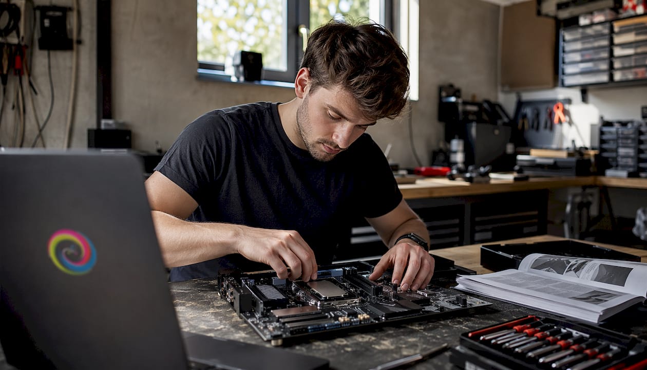 Een man is thuis aan zijn bureau bezig met het in elkaar zetten van een computerprocessor.