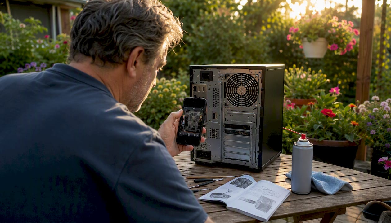 Man maakt een foto van de achterkant van zijn computer als voorbereiding op een klus.