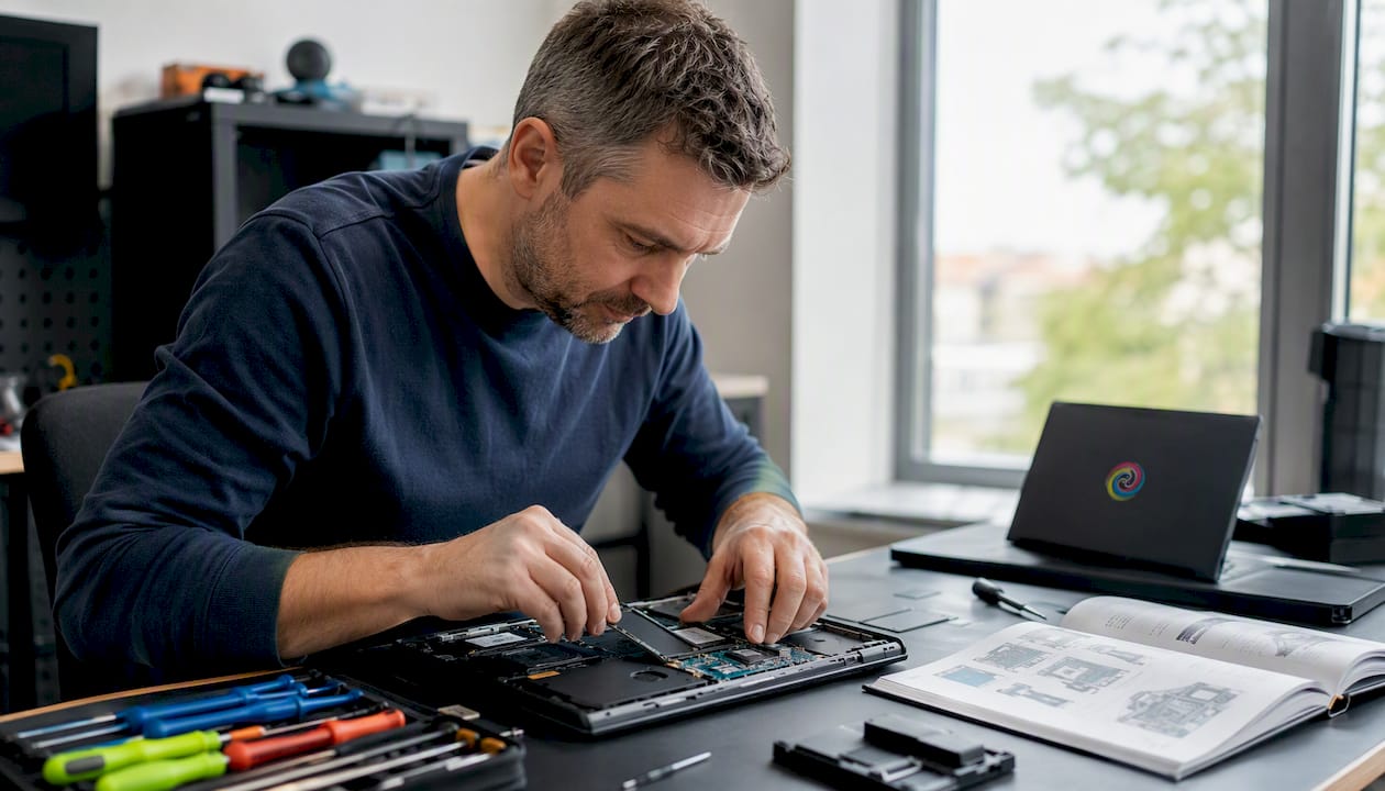 Twee handen plaatsen een nieuwe SSD in een laptop om deze te upgraden.