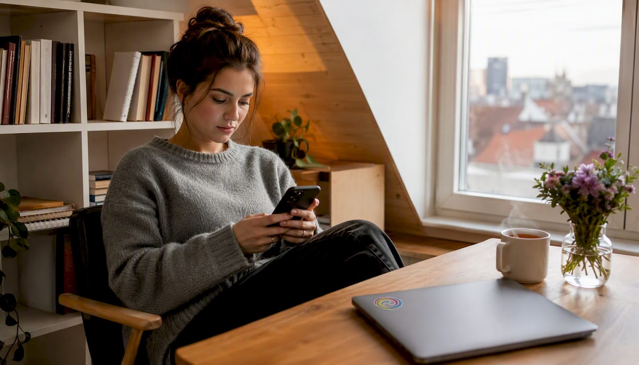 Thuis zit een vrouw op haar gemakje op de bank terwijl ze op haar telefoon recensies doorleest.