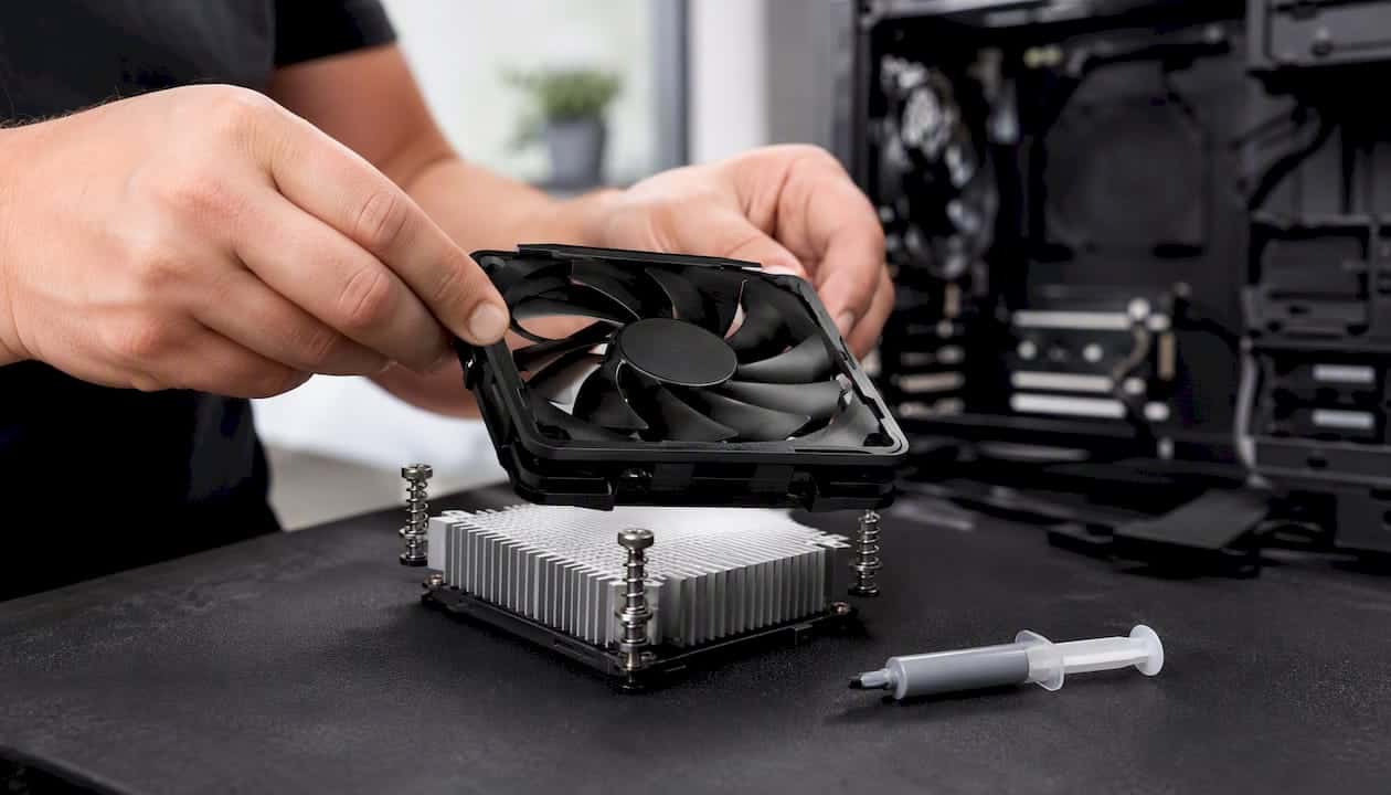 Iemand plaatst een ventilator op de processor.