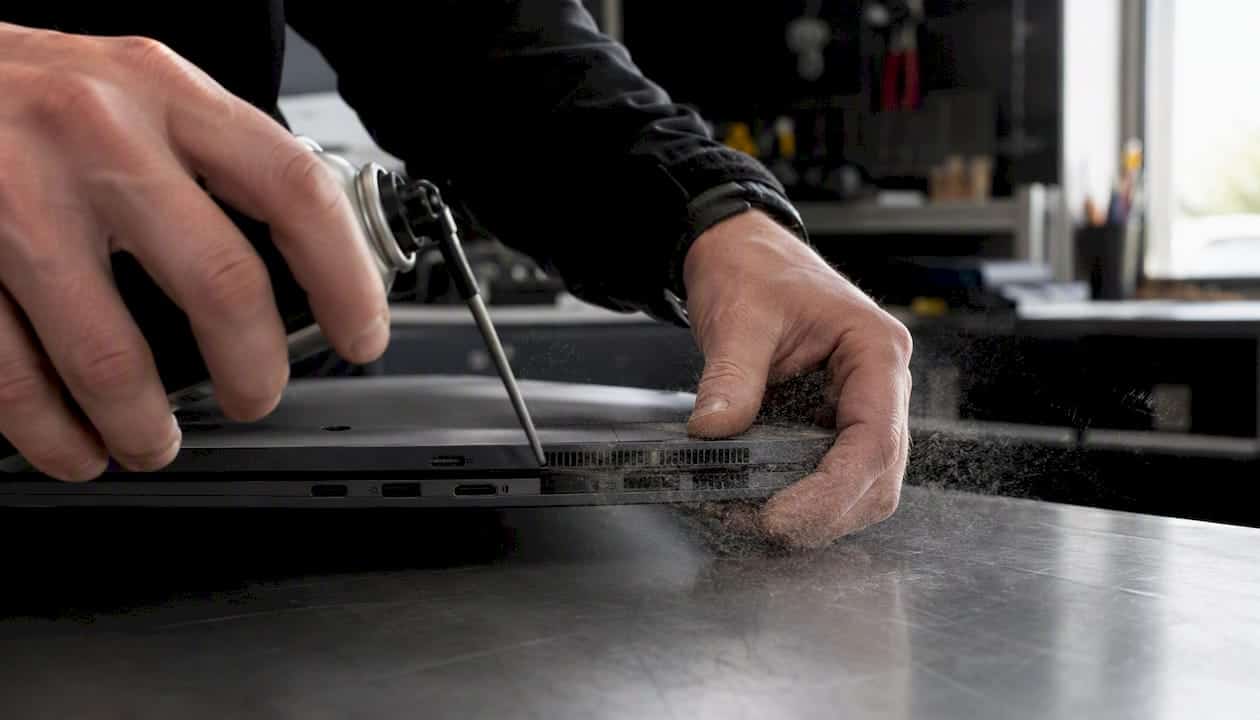 Stof en vuil uit de ventilatieopeningen van je laptop blazen met perslucht