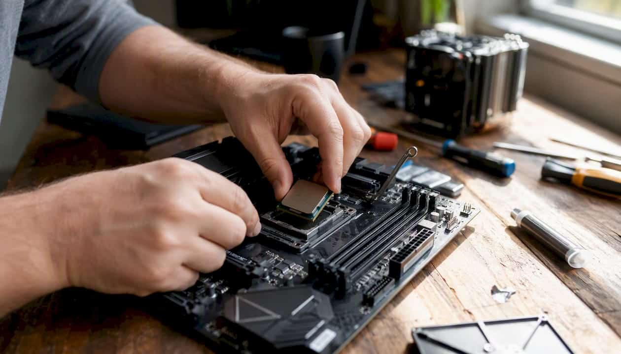 Met beide handen wordt een processor voorzichtig in het moederbord geplaatst.