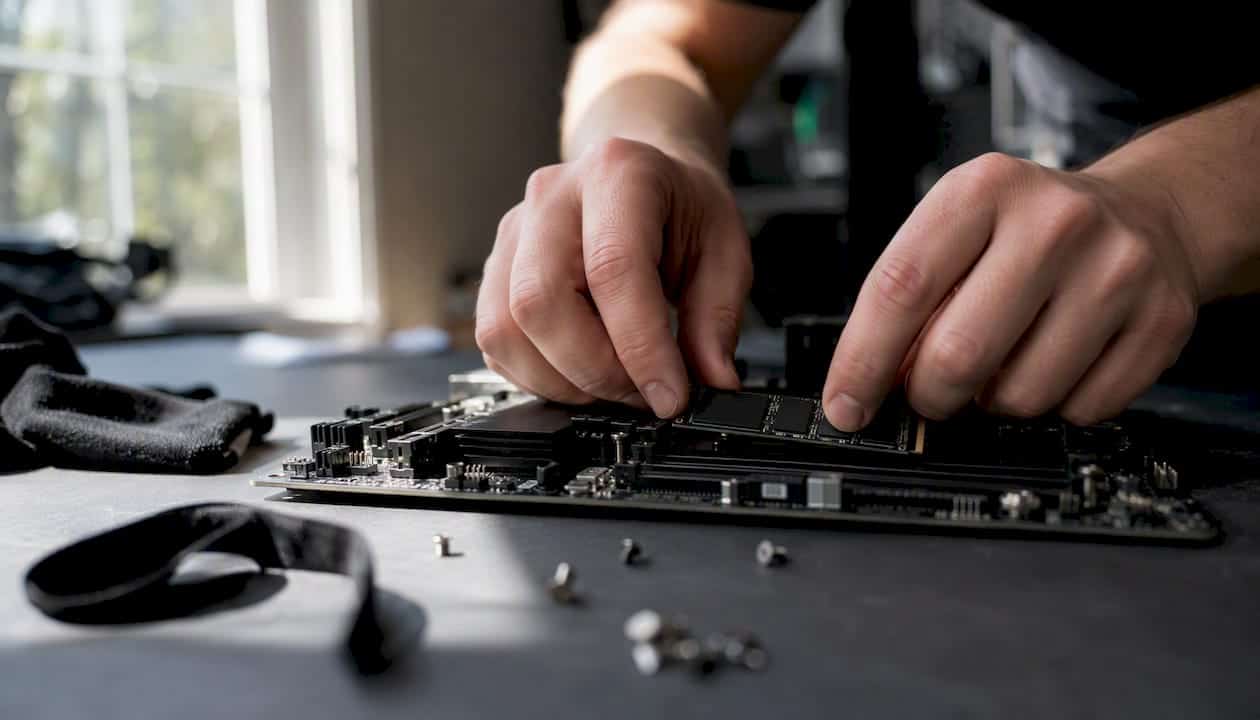 Iemand plaatst een NVMe SSD in een game-pc