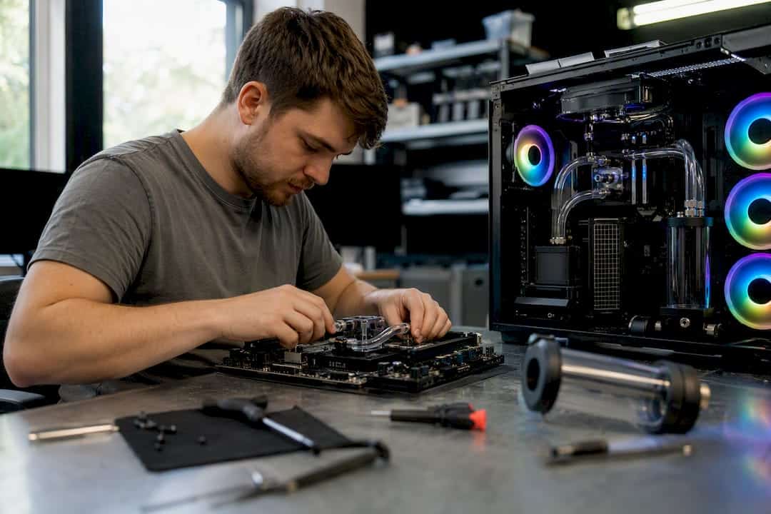 Close-up van het monteren van een luchtkoeler op een pc-processor