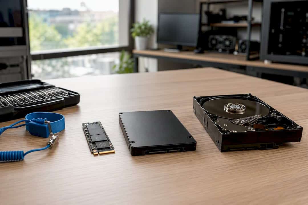 Op de tafel liggen verschillende soorten opslagmedia die gebruikt worden bij gamen.