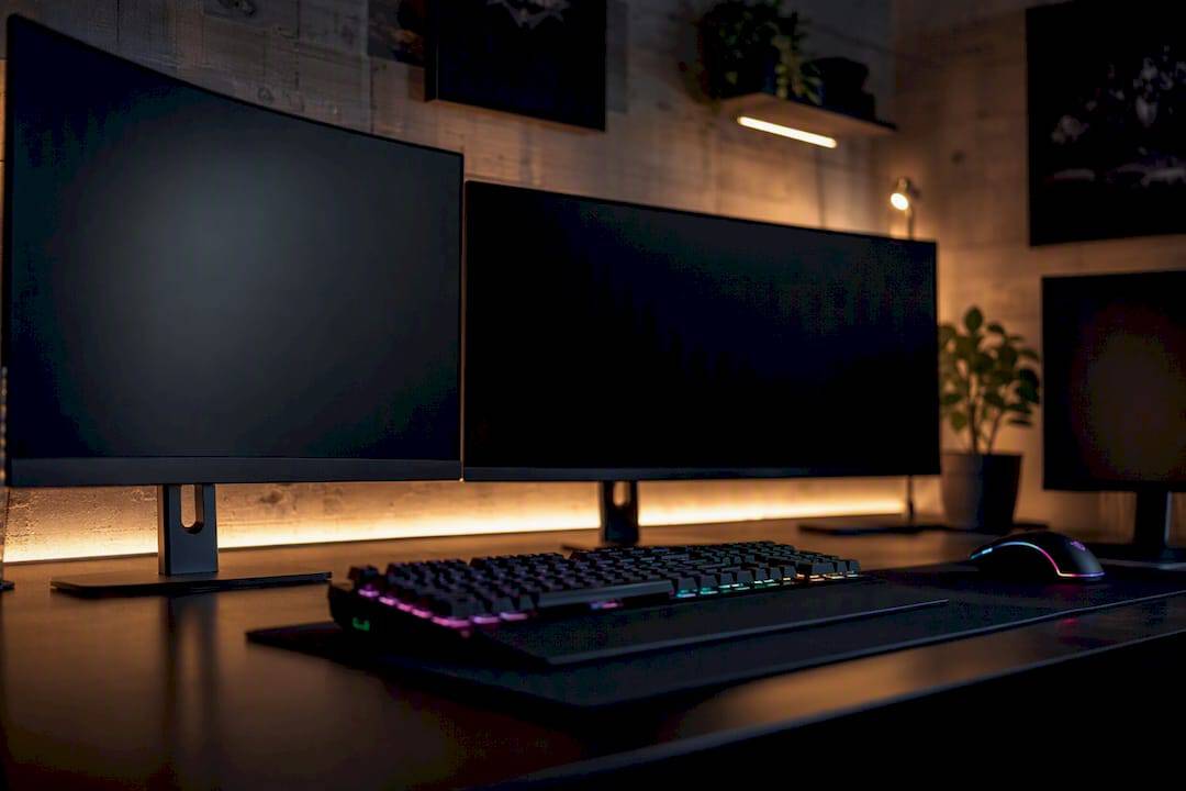 Meerdere gamingmonitoren op een bureau