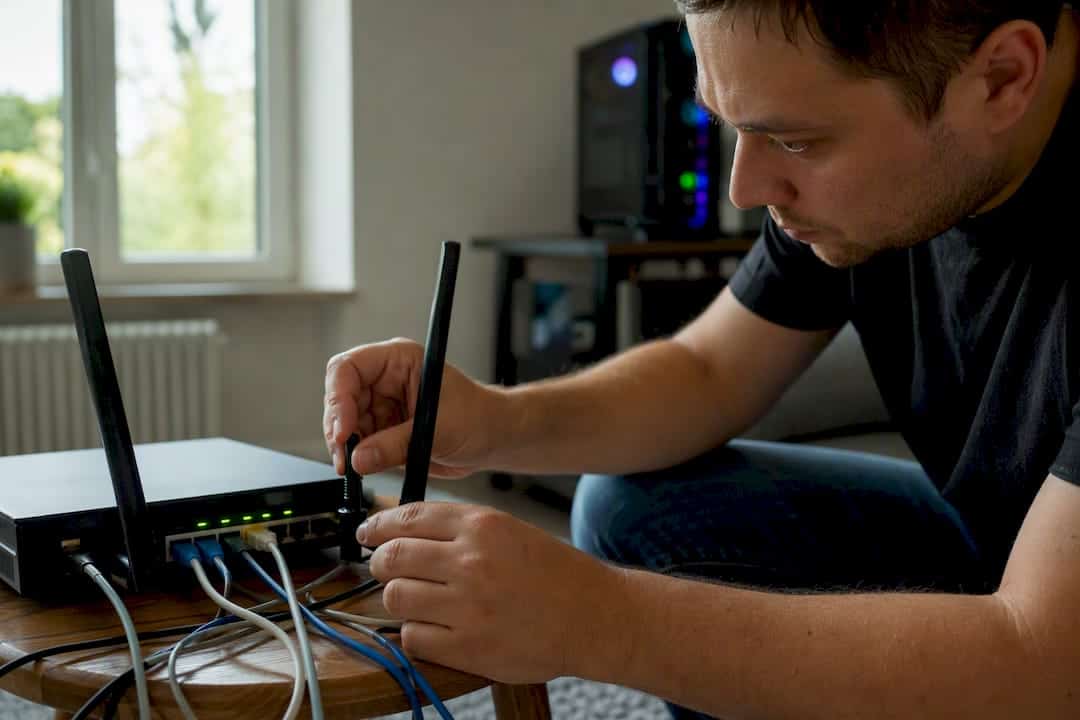 Handen die de kabels van een wifi-router aanpassen
