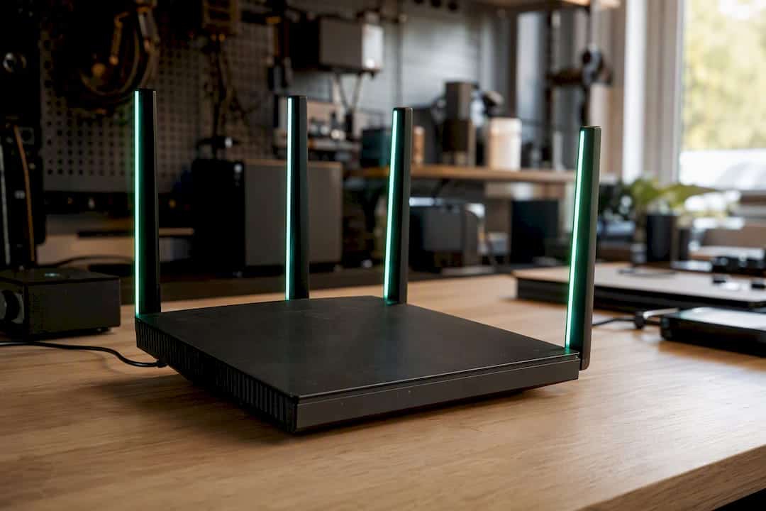 Close-up van een WiFi 6E-routerantenne die oplicht