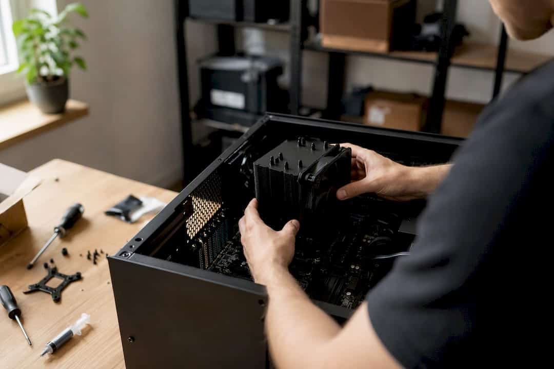 Handen die een CPU-koeler installeren in een pc-behuizing