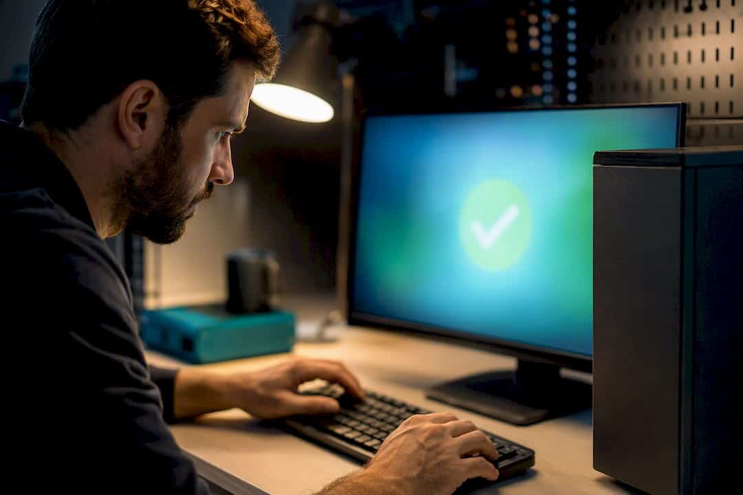 Technicus controleert antivirus op het werkstation