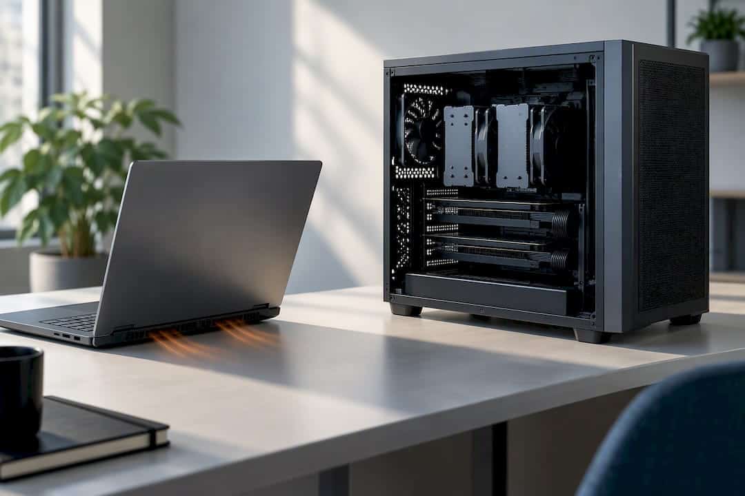 Mobiel en desktop workstation naast elkaar geplaatst