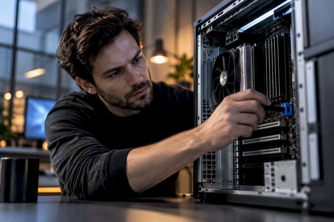 Technicus inspecteert de interne onderdelen van een workstation