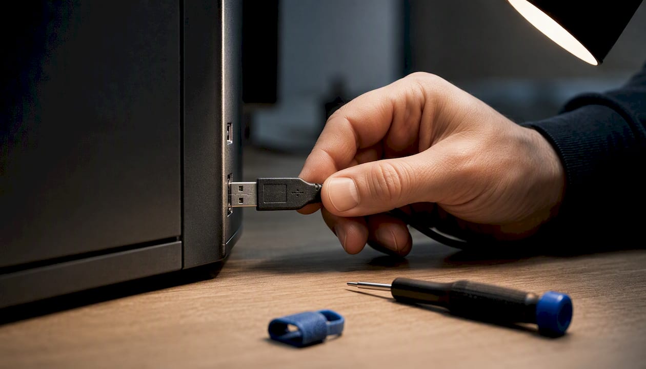 Technicus controleert USB-kabel in computerpoort