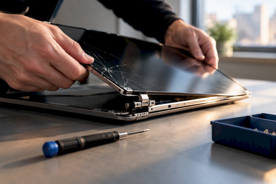 Reparateur vervangt gebarsten laptopscherm