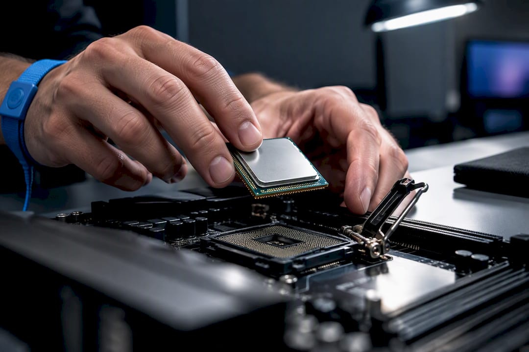 De processor wordt bovenop de moederbordsocket geplaatst