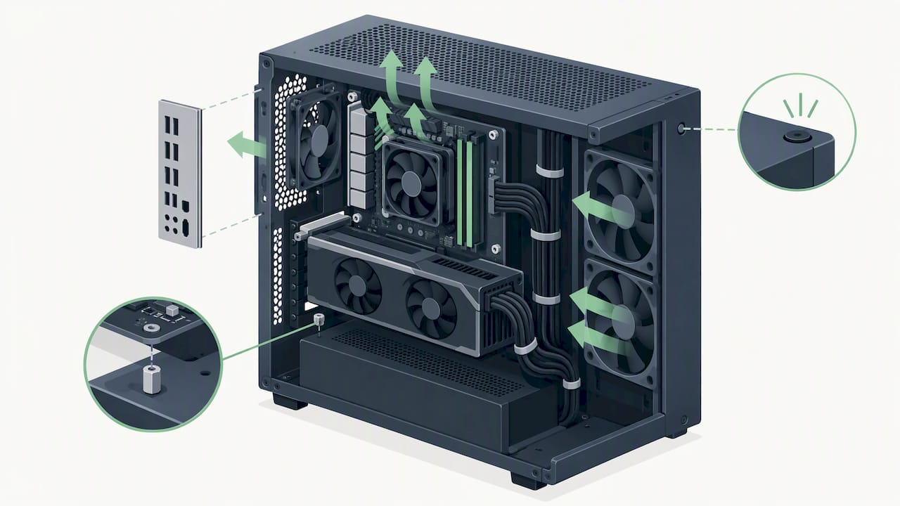 Isometrische afbeelding van correcte pc-assemblage